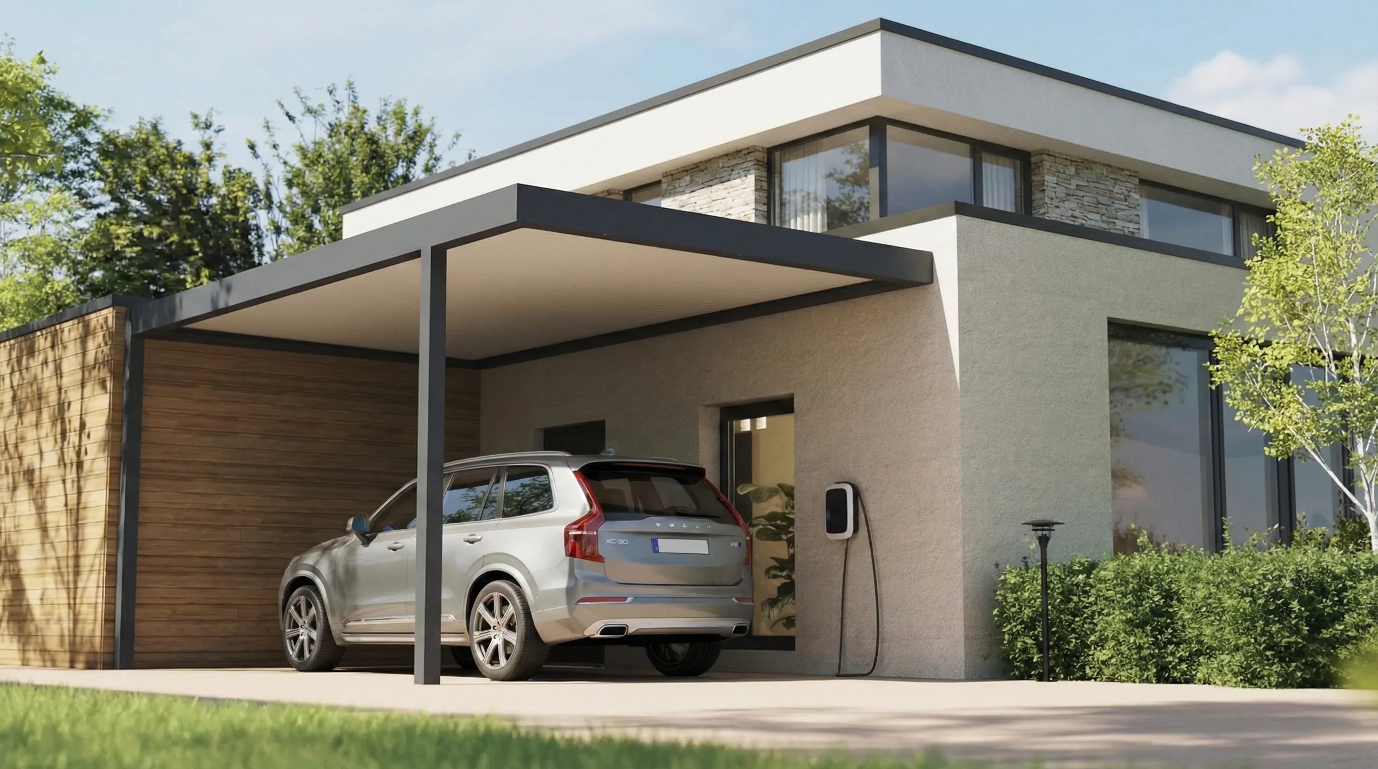 Produktdarstellung eines Aluminium-Carports an einem weißen Wohnhaus