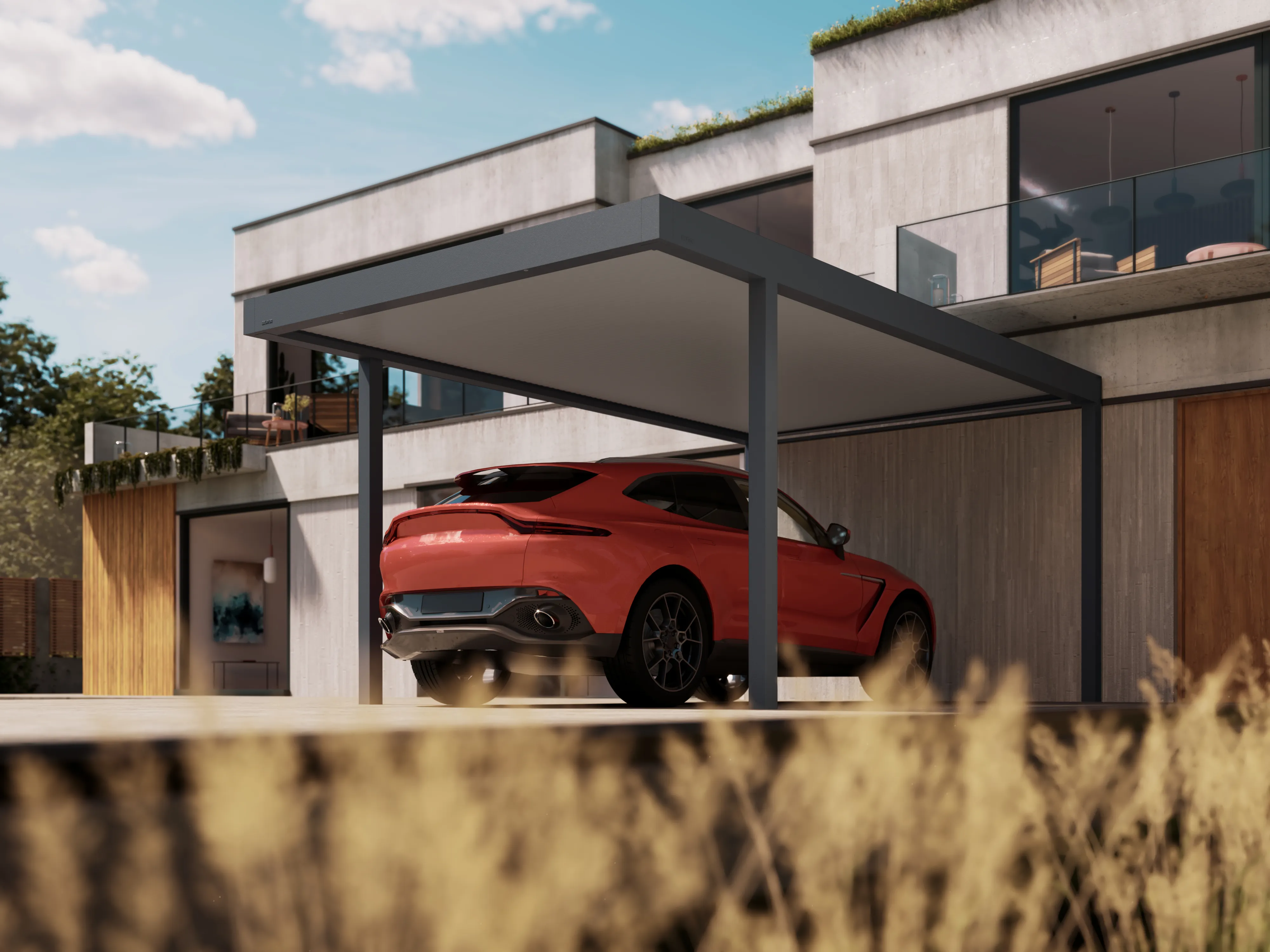 Produktdarstellung eines Aluminium-Carports mit einem roten Fahrzeug neben einem Wohnhaus