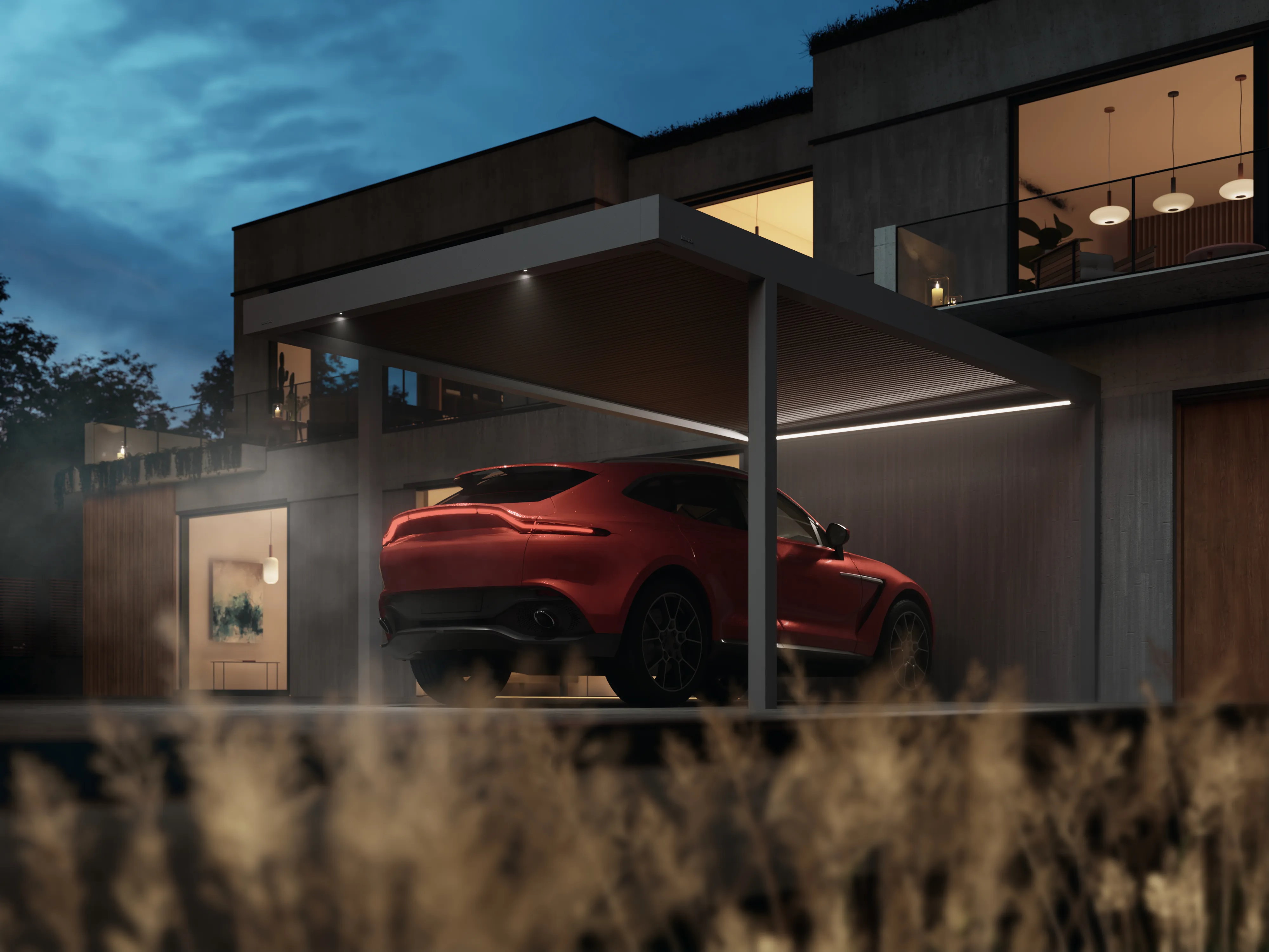 Produktdarstellung eines beleuchteten Carports mit rotem Fahrzeug am Abend