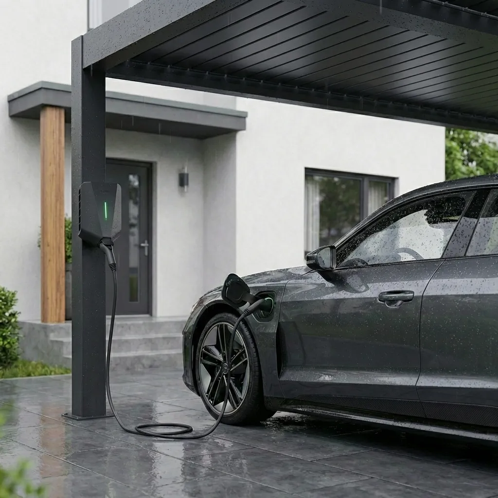 Aluminiumkonstruktion eines Carports am Wohnhaus