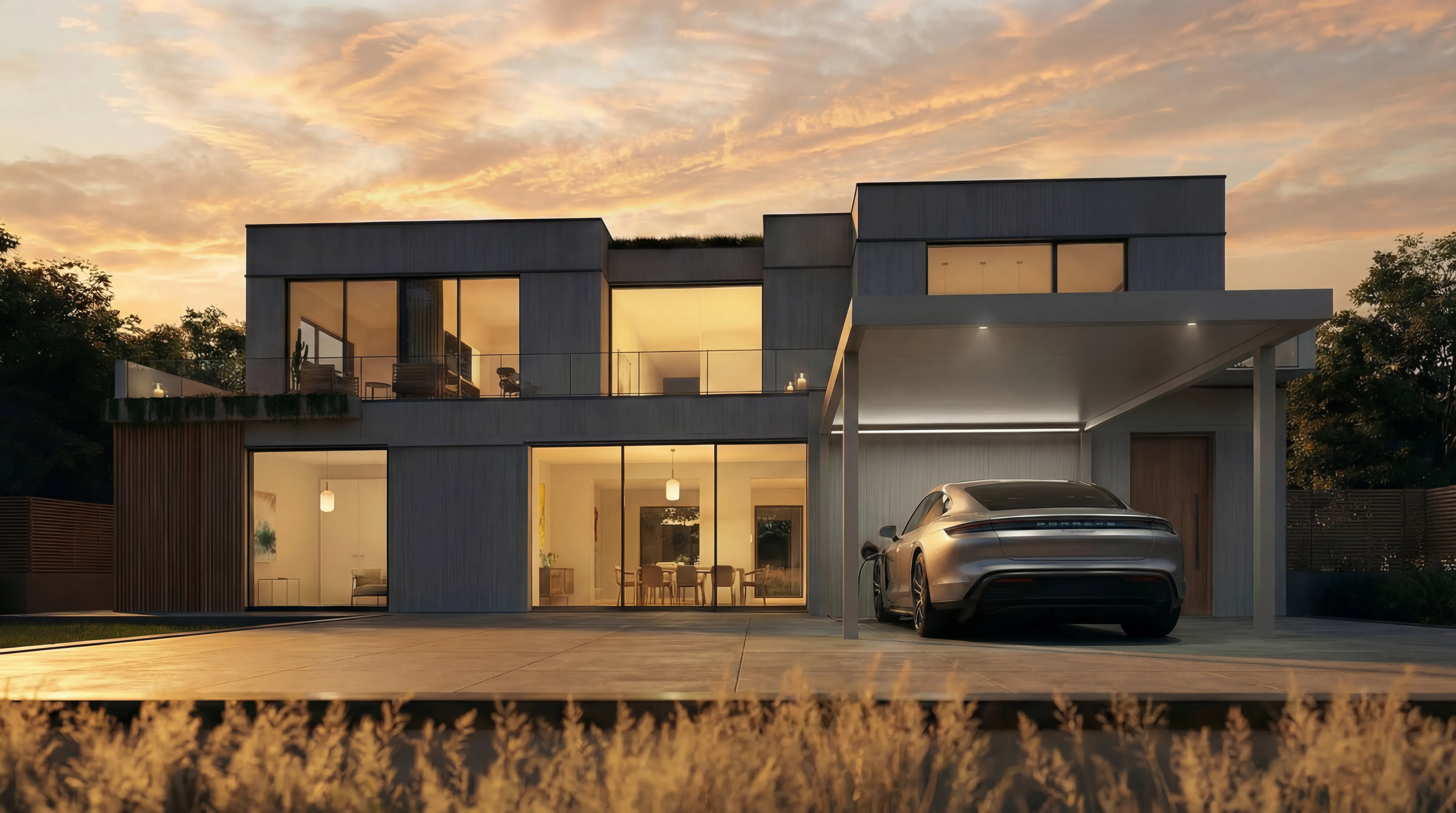 Produktdarstellung eines beleuchteten Aluminium-Carports an einem Wohnhaus am Abend