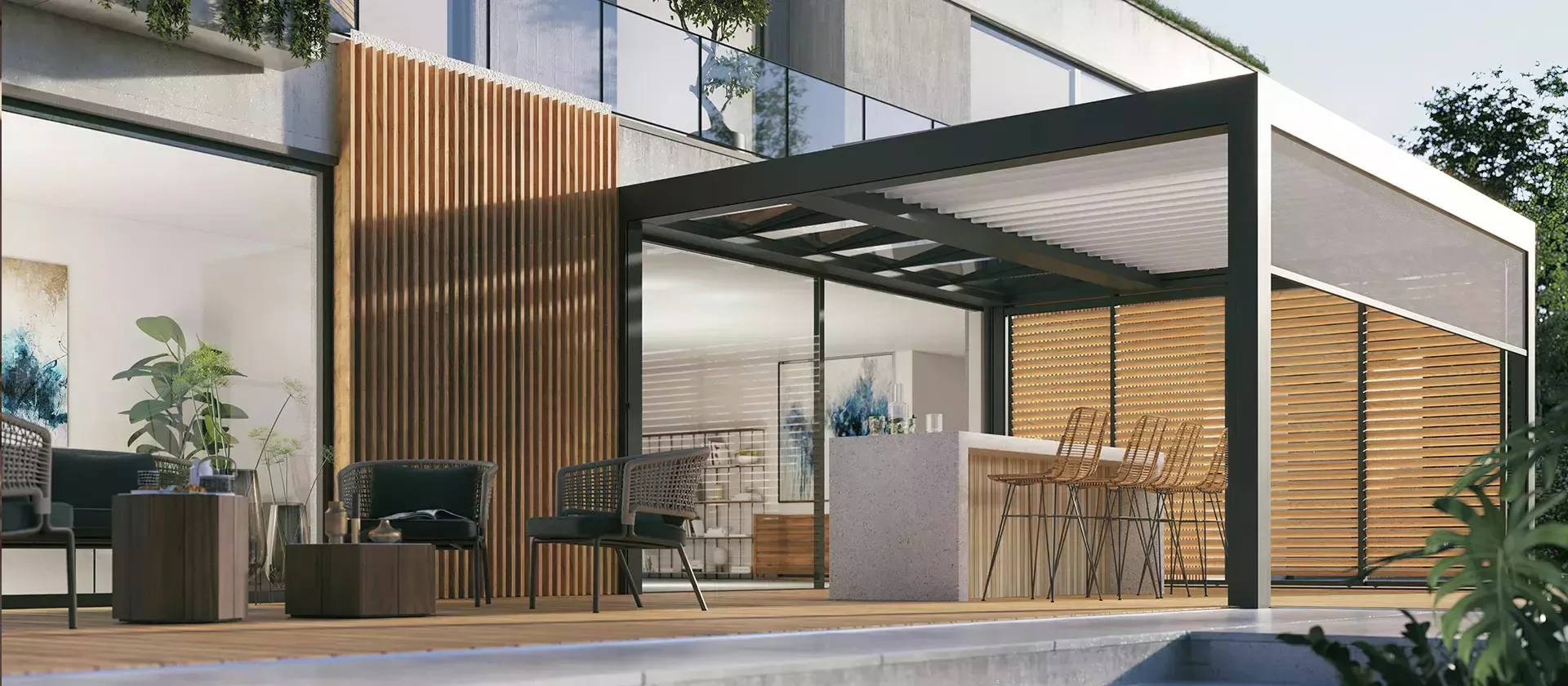Lamellendach auf moderner Terrasse